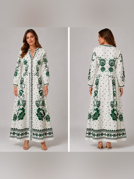 Magaschoni Dresses & Skirts - Magaschoni White Maxi Dress with Green Floral Print NEW SIZE L
